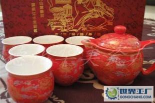 喜慶紅牡丹 頭雙層杯茶具，德化禮瓷中的功夫茶藝精品